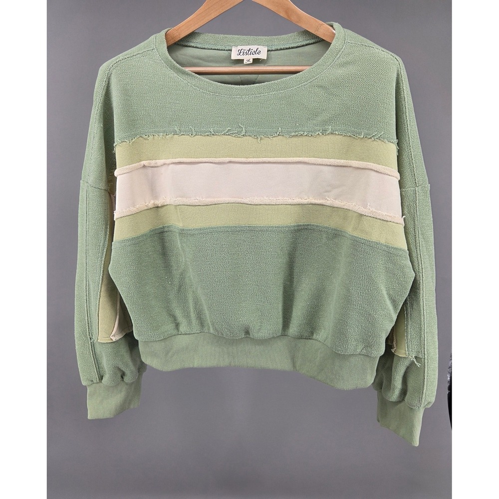 Listicle Sweatshirt Women Large Green Colorblock Raw Hem Boho Grunge Pullover